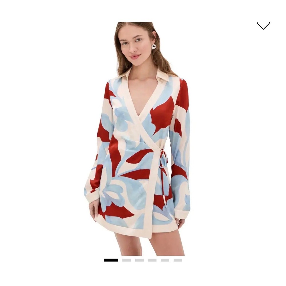 Seven Wonders Amoree Mini Dress Womens L Red Blue Floral Long Sleeve Wrap Satin